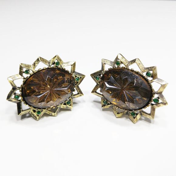 Vintage Emmons Molded Topaz Glass Clip Earrings, Green Rhinestone Accents - Picture 9 of 10
